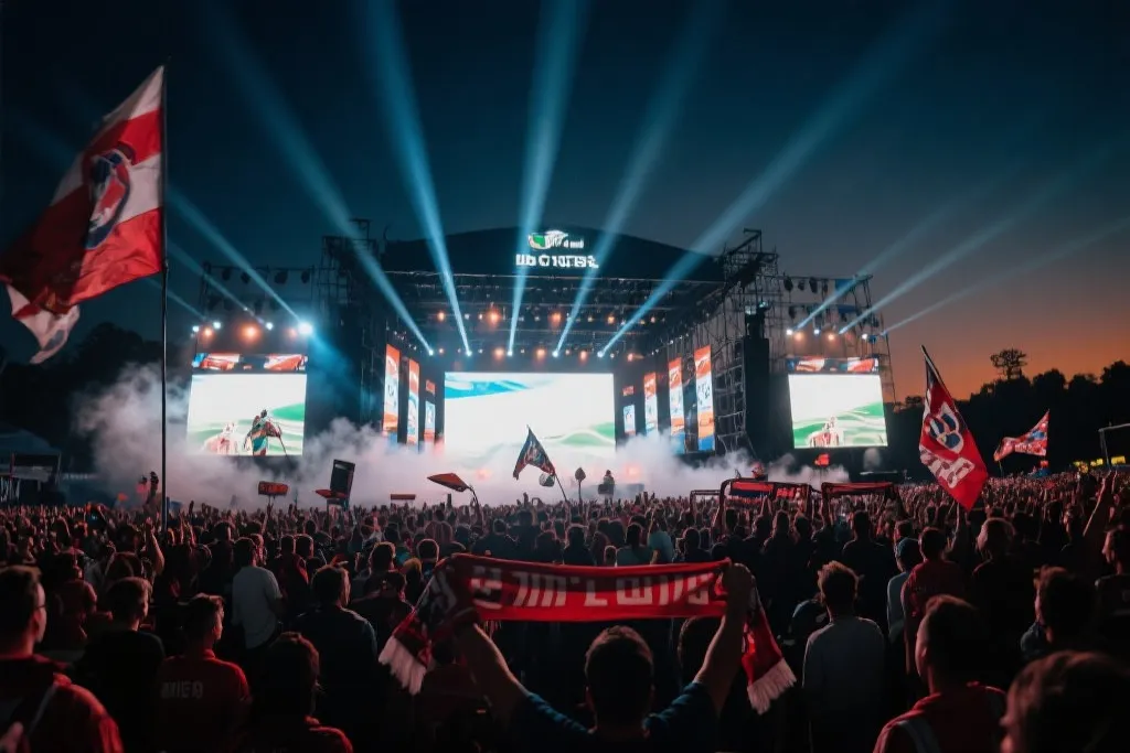 夜幕将近的球迷区巨型屏幕前，人群挥舞围巾与旗帜，舞台灯光与烟雾氛围，纪实摄影