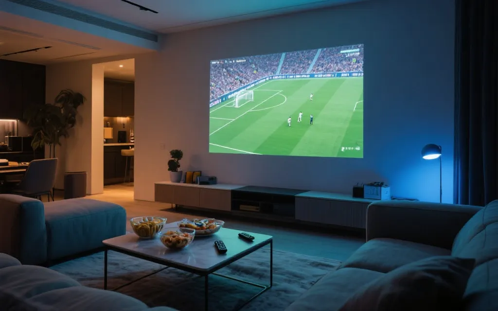 客厅大屏观看足球比赛的沉浸式场景，沙发与投影屏幕，夜晚氛围