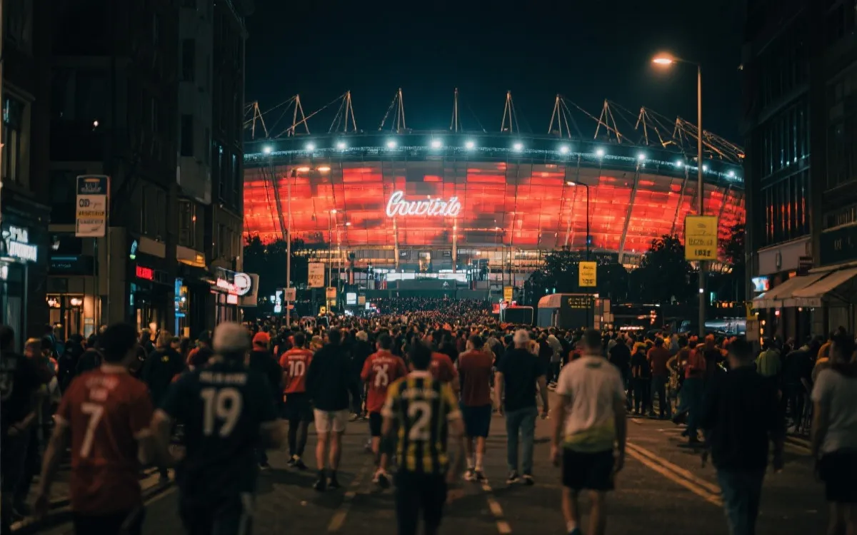 球迷在城市夜景中行走，远处球场灯光与人群氛围