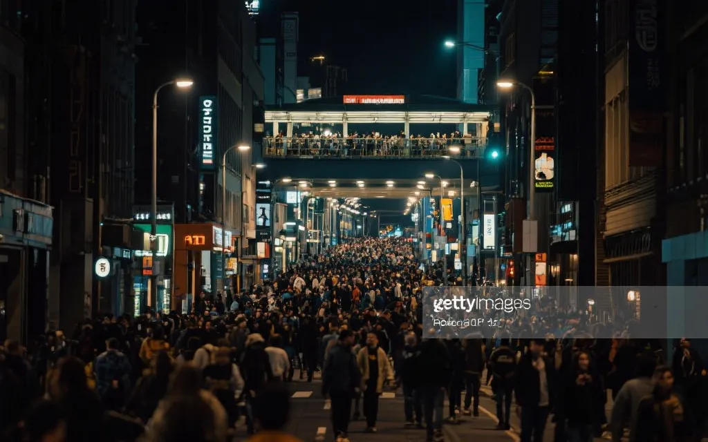 球迷散场后在灯光充足的主街与地铁站口选择回程路线的场景