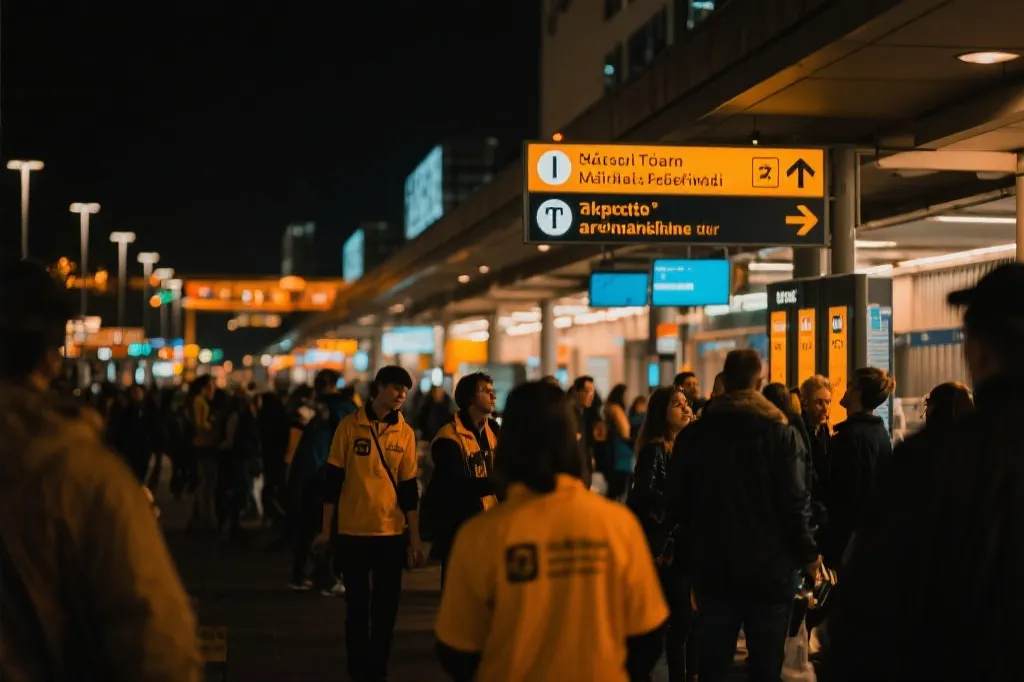 志愿者在城市交通枢纽指引人群，多语种标识与温暖灯光的夜景