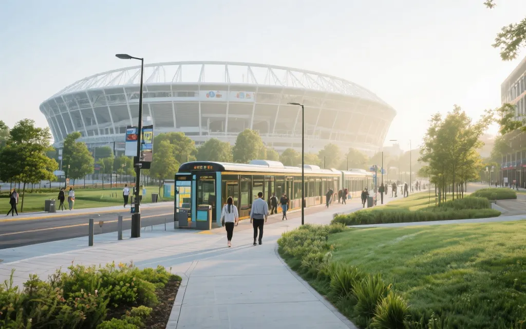 球场周边步行街区与公共交通接驳的可持续城市图景